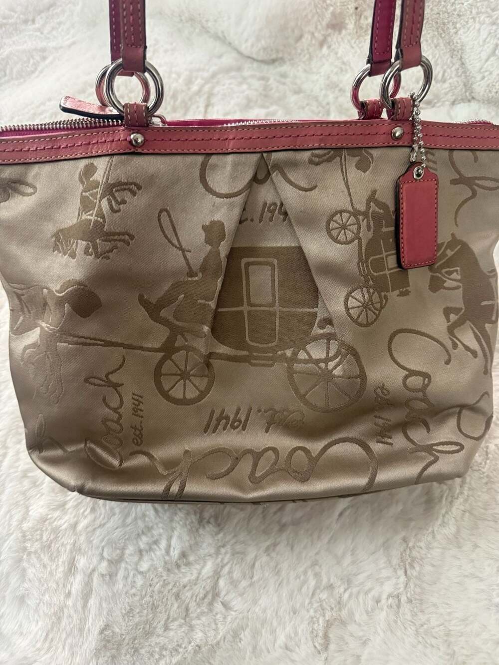Coach Heritage Carriage Sateen Zip Top Tote Bag with Pink Leather Trim